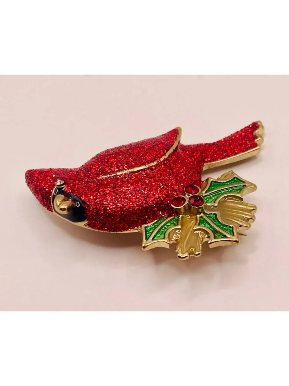 Vintage Red Glitter Christmas Holiday Cardinal Bird Brooch Pin Holly Leaves -17B
